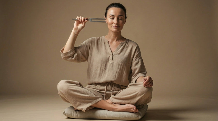 Hands holding a Humming tuning fork in a quiet moment of practice
